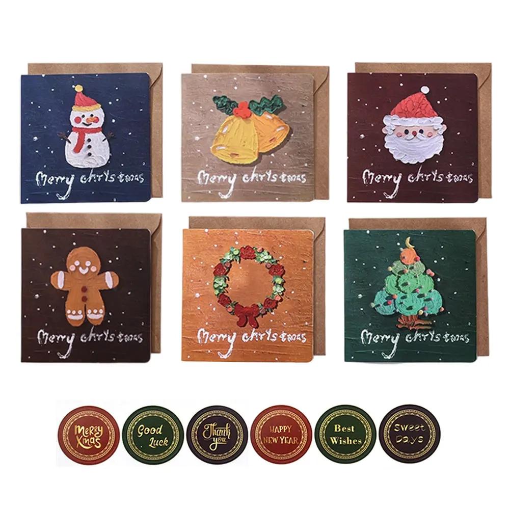 6pcs 3D Santa Claus Decor Card Folding Gift Cards with Envelopes and Stickers Xmas Blessing Card New Year Party Invitation Card