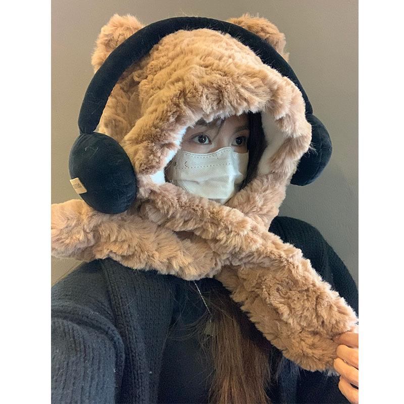 Thickened Cute Headphones Bear Hat Scarf Plush Ear Protection Lei Feng Hat Pullover Hat