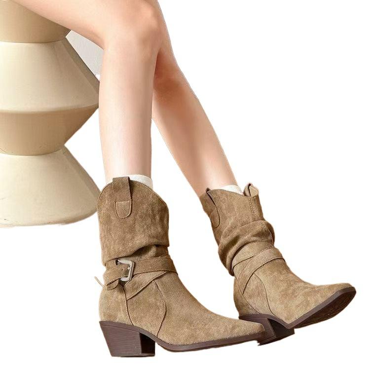 Leather Boots Short Boots Women's 2025 Autumn Thin Medium Tube Knight Boots Suede Matte High Heel Western Cowboy Boots