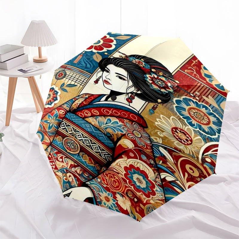 Japanese Geisha Art Print: Traditional Beauty in Vibrant ColorsUmbrella with Cute Design,Portable 3-Fold Compact Umbrella for Men&Women,Vale