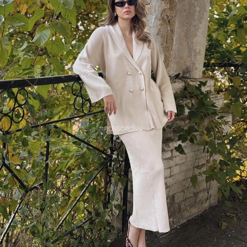 Women's 2025 European & American Solid Color Button Cardigan Sweater & Skirt Set - Warm & Stylish For Commute