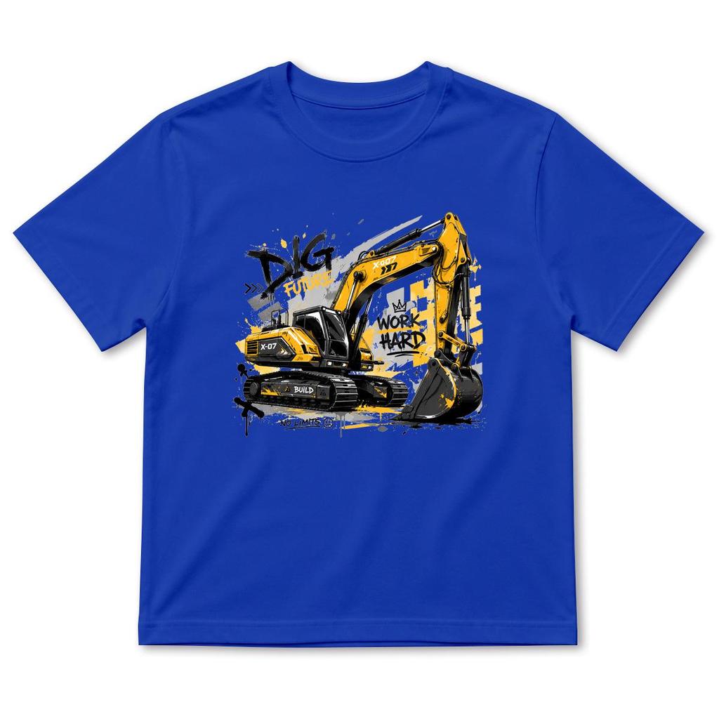 Summer Boys' Cartoon Excavator Cotton T-Shirt, Short Sleeve, Breathable Casual Layer