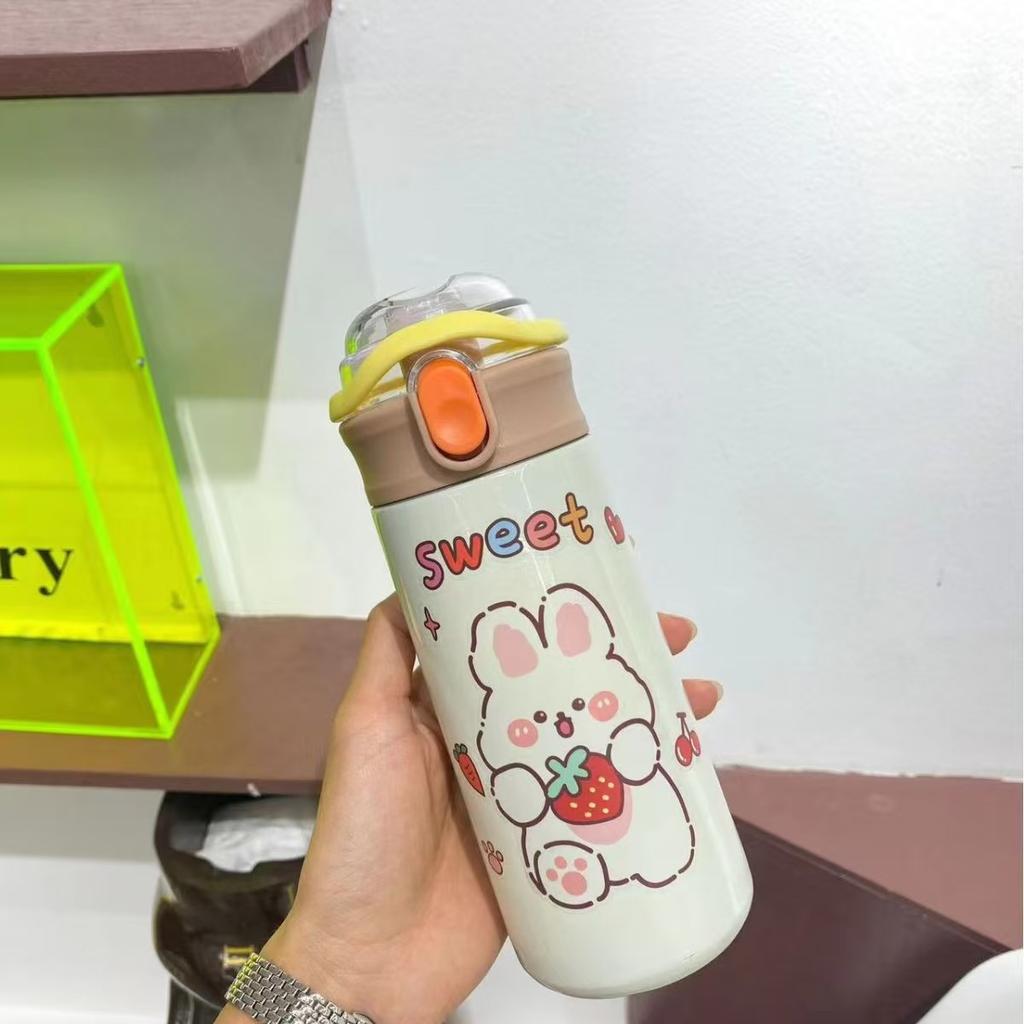 Straw Cup Cartoon Women's Double Drink Thermos Cup Bouncing Water Cup 3D Printing Portable Pea Cup