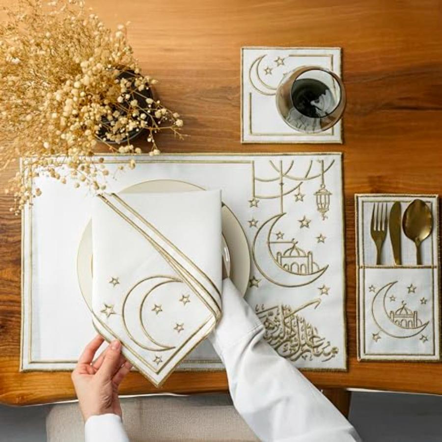 

Embroidered Placemats with Gold Scrollwork Design White Linen Table Mats with Decorative Border Elegant Dining Table Linens Set