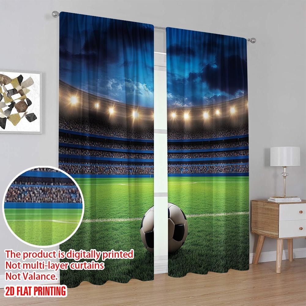 2 Stück 2D Flachdruck Sportvorhänge Fußball auf einem Stadion in der Nacht mit jubelnden Fans auf dem grünen Feld geeignet