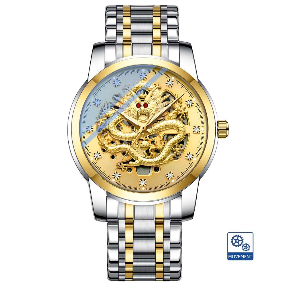 CHENXI Fully Automatic Mechanical Watch Embossed Golden Dragon Skeleton Design Waterproof Chinese Dragon Fashion Men's Watch