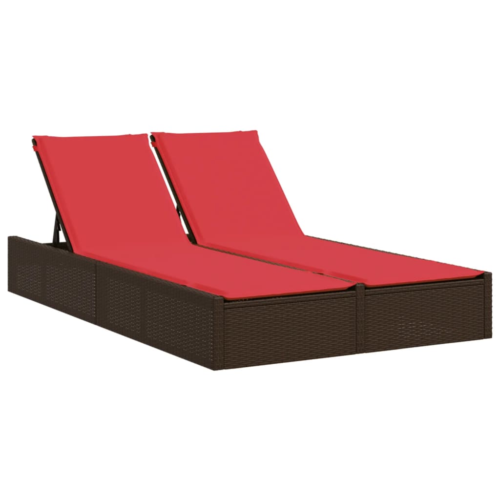 Double Sun Lounger with Cushions Brown Poly Rattan