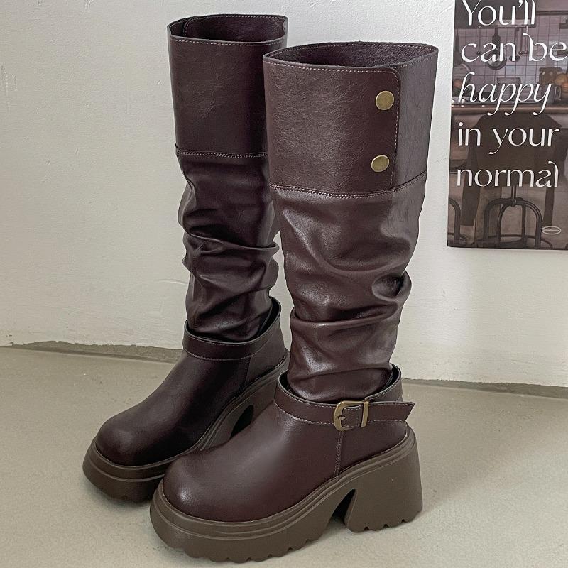 Fashion Winter Punk Style Woman Platform Knight Boots Fashion Belt Buckle Shoes Ladies Concise Height Increase Long Booties