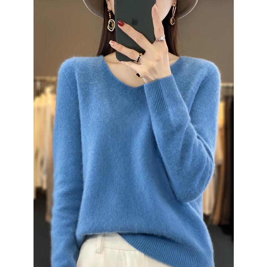 

Шикарный женский свитер с V-образным вырезом и рукавами, вязаный из мериносовой шерсти, мягкий, теплый, кашемировый, свободного кроя, изящный стиль для осени XL