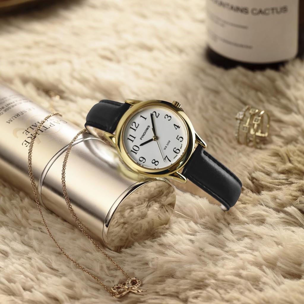 PINDOWS Slim Minimalist Quartz Analog Watch with Black Leather Strap and Case A Stylish and Elegant Everyday Watch Women's Gold-Tone -