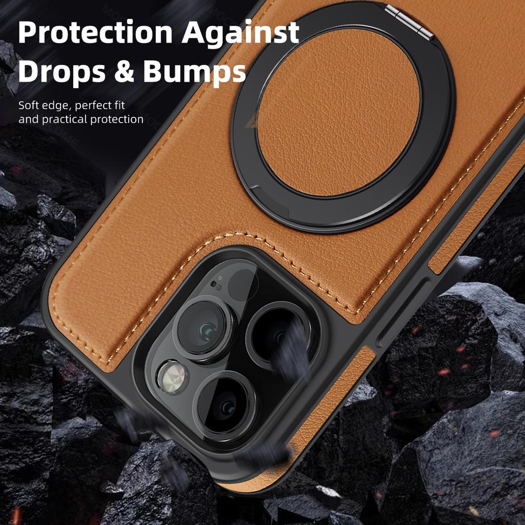 iPhone 17 16 15 14 13 12 11 Pro Max Plus için İş Derisi Dönen Braketli Telefon Kılıfı Magsafe Manyetik Halka Stand Tutucu Kapak