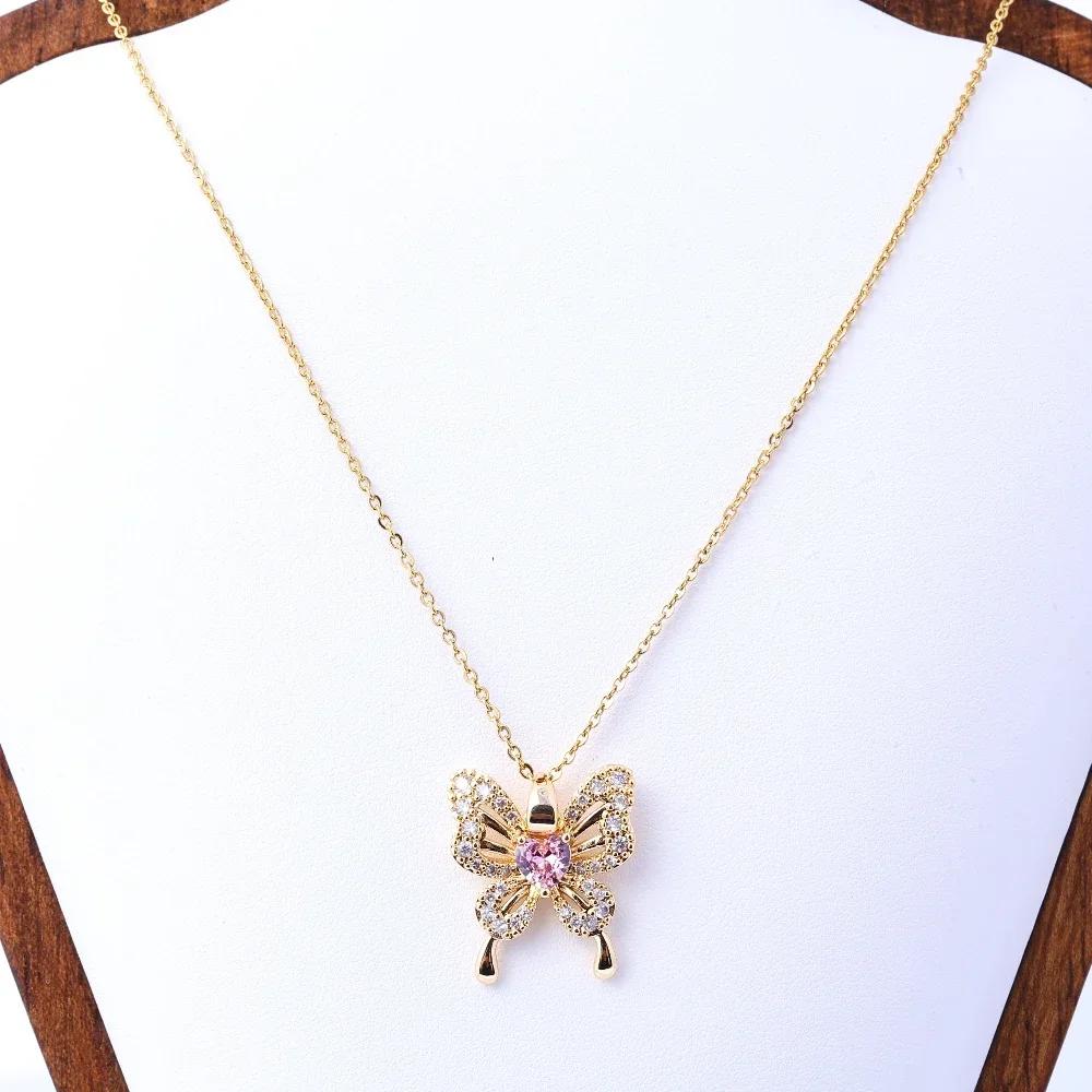 Necklace, women's pink butterfly pendant, high-end and niche design, versatile temperament, new collarbone chain, stainless stee