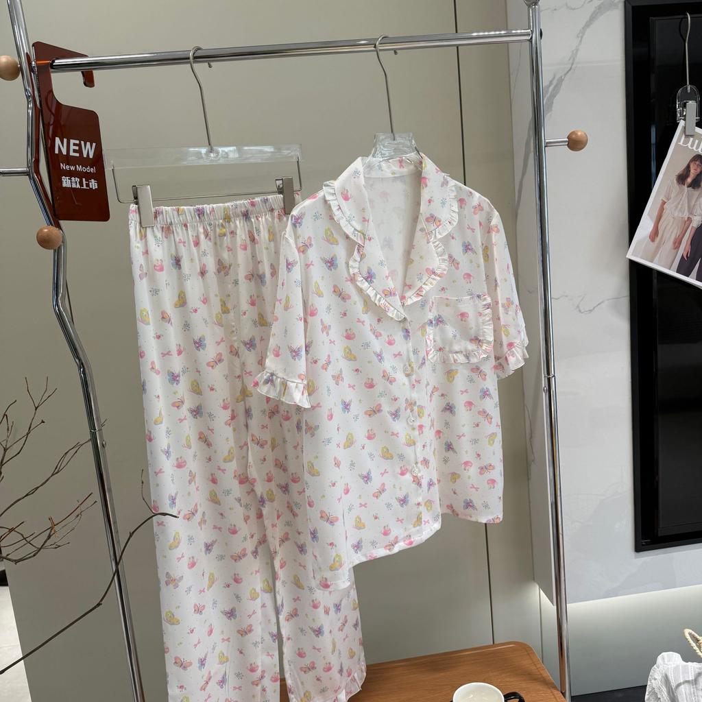 Summer Ice Silk Pajamas Women's Pure Desire Wind Printing Butterfly Loungewear Cute and Sweet Girl Short-sleeved Trousers Set Thin