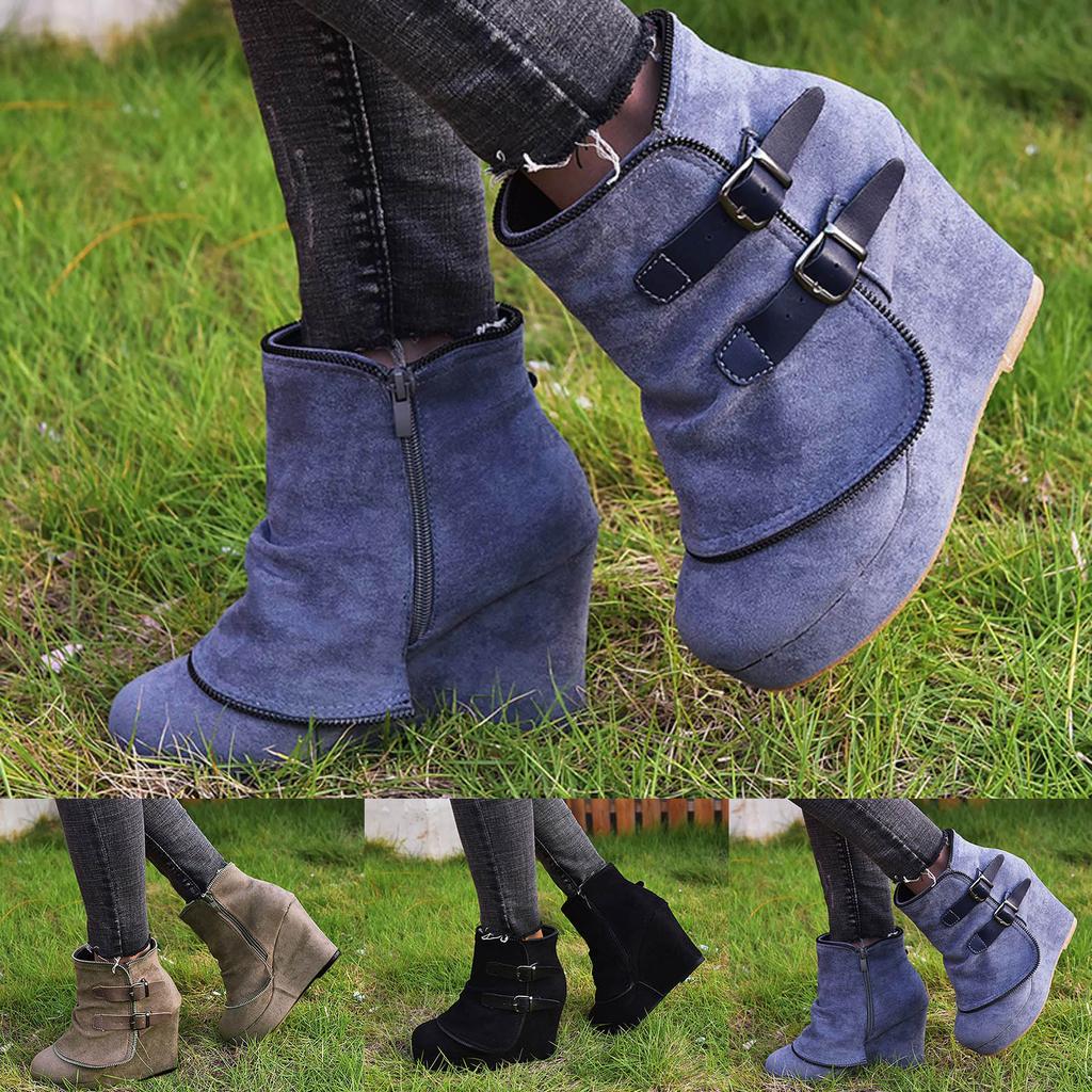 Women'S Wedge Heeled Thick Soled Tower Short Boots Fashionable Casual Suede Round Toed Outdoor Fashion Women'S Boots With Heels