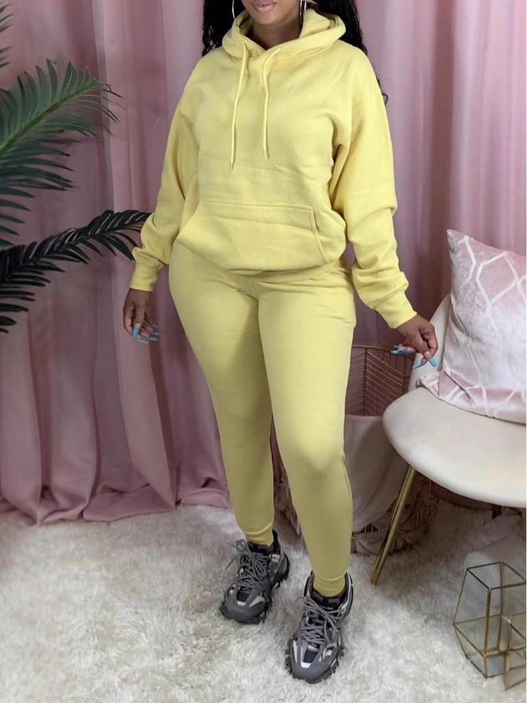 Europäischer & Amerikanischer Damen Einfarbiger Hoodie Zweiteiliger Plus Samt Laufanzug - Herbst/Winter Sportbekleidung