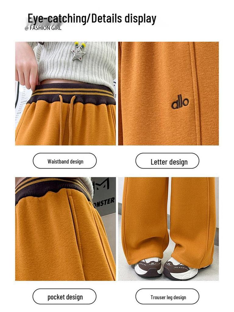 Girls' 2025 Wide-Leg Sweatpants with Velvet - Winter/Spring Sports Style