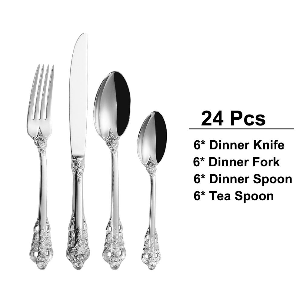 

24/30 шт. золотой набор столовых приборов из нержавеющей стали, винтажная посуда в стиле вестерн, роскошная посуда, вилки с гравировкой, ножи, ложки, серебристая посуда