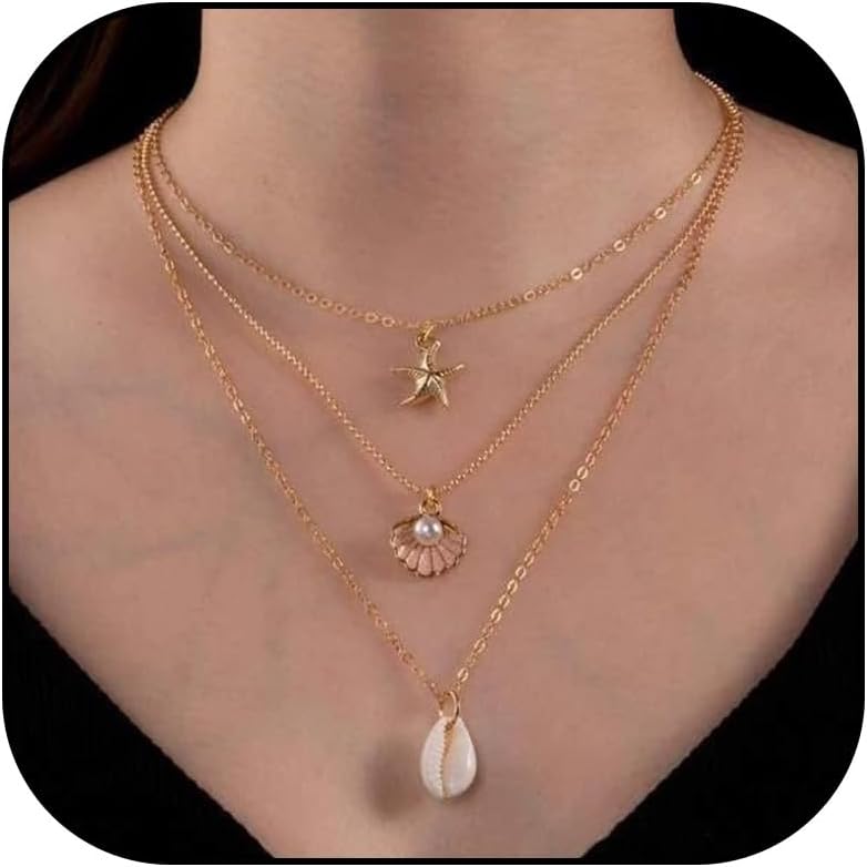 Dcfywl731 Starfish Seashell Necklace for Women Shell Pendant Accessories Chunky Gold Beach Jewelry Womens Fashion Accessories Summer Outfits for