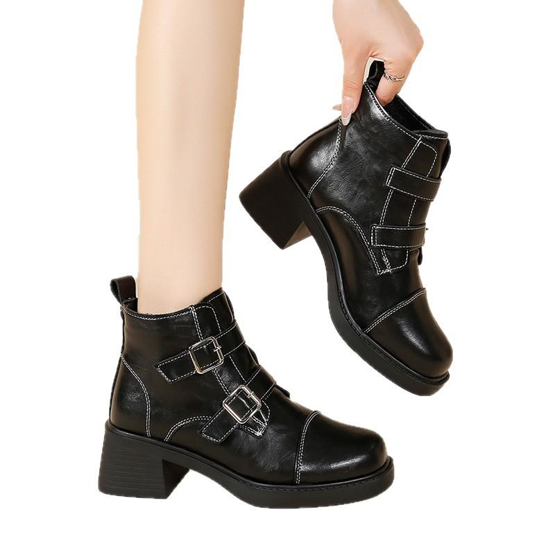 Thick-soled thick-heeled Martin boots  new autumn fashion British style single boots black skirt short boots