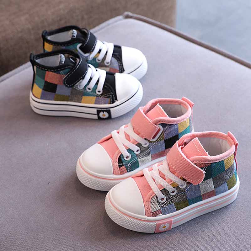 2024 Herbst Neue Klett-Canvas für Kinder Mode Karomuster Sneakers Jungen Freizeitschuhe Mädchen Rutschfeste Outdoor-Schuhe Kinderschuhe