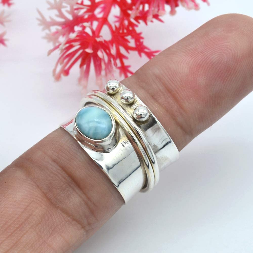 Larimar Ring,Spinner Ring,925 Sterling Silver Band Ring