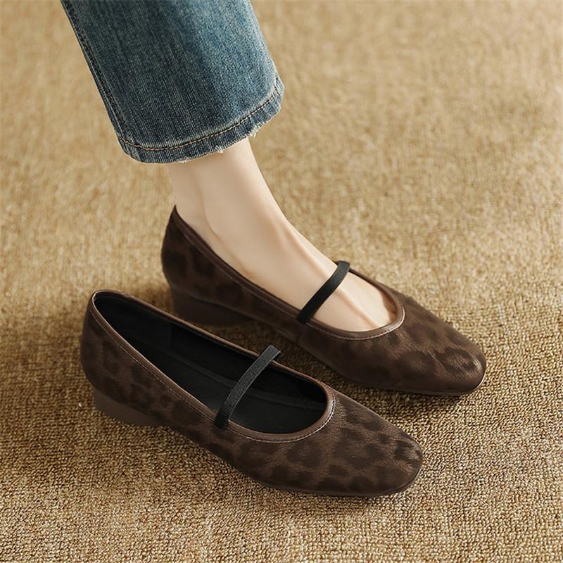 Fashion New Spring/summer Genuine Leather Mary Jane Shoes for Women Fashion Leopard Print Round Toe Shallow Women Pumps Low Heels