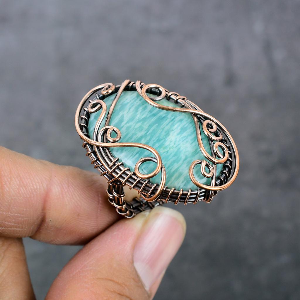 Amazonite Handmade Copper Wire Wrap Jewelry Ring Size 7 K3c10