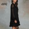 Lotus Leaf Collar Dress Women's Summer Mini Dress Sheer Mesh Long Sleeve