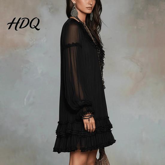 Lotus Leaf Collar Dress Women's Summer Mini Dress Sheer Mesh Long Sleeve