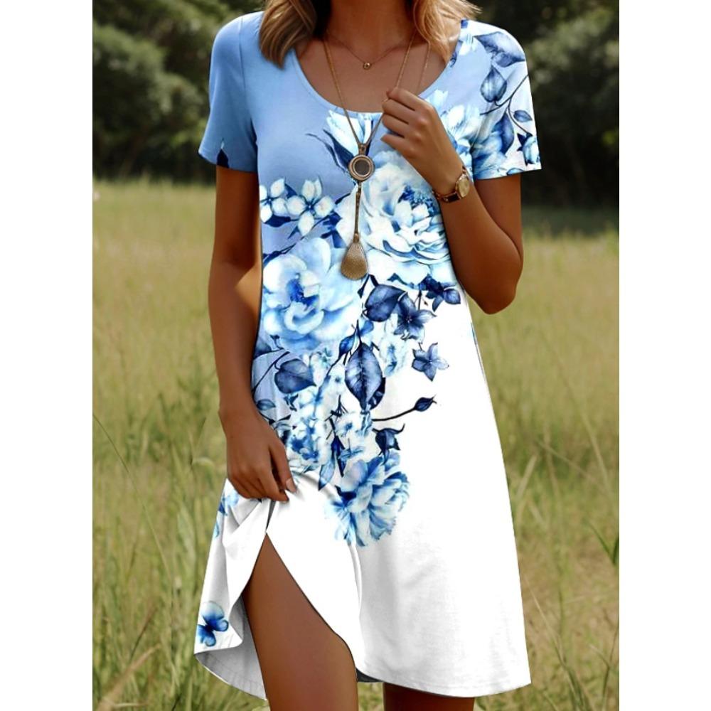 Abiti casual da donna con stampa floreale, manica corta, girocollo, per estate e primavera