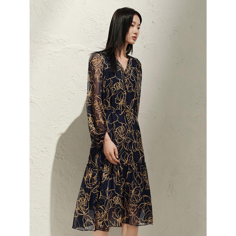 Jiu Zi Anna Kou Elegant Floral Print V-Neck Chiffon Dress