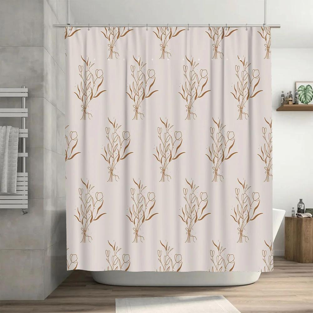 Vintage Plant Shower Curtain White and Rose Gold Flower Bath Decor for Home Bathroom Simple Style Waterproof Shower Door Hanging