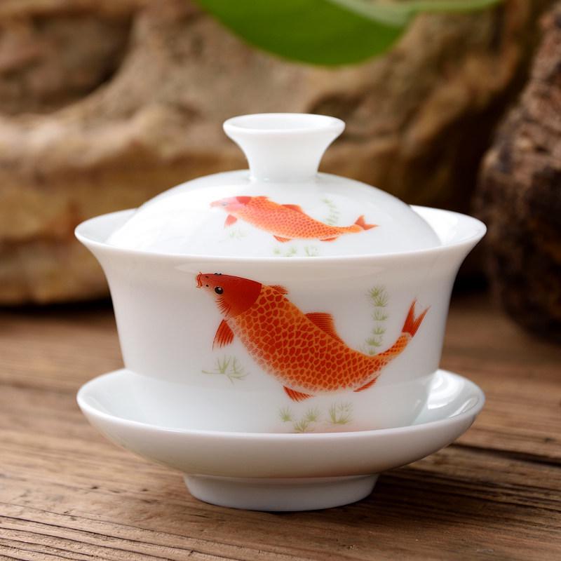 Blue and White Ceramic Gaiwan Tea Set: Small Tea Bowl & Tasting Cup with Concave Lid.