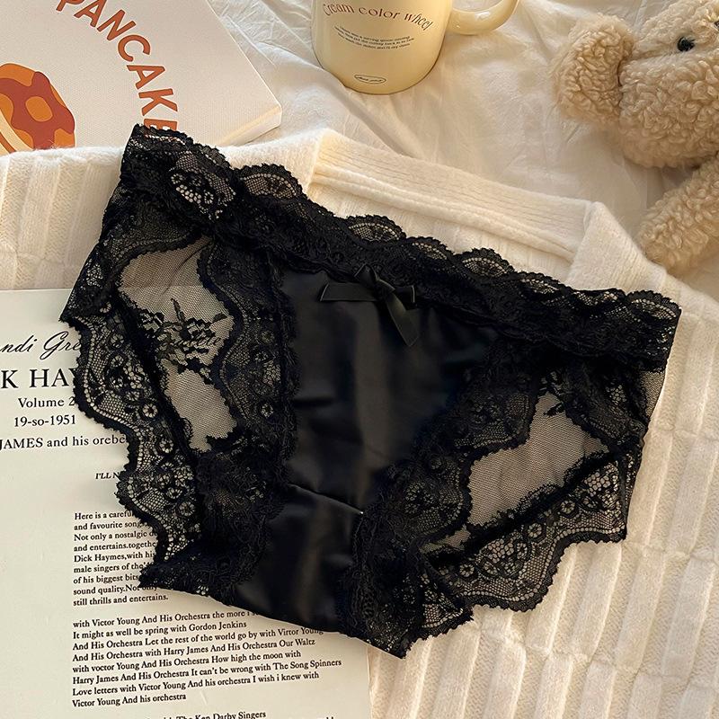 Female Summer Thin Sexy Lace Bow Pure Desire Satin Breathable High Split Low Waist Triangle Briefs