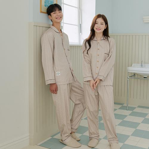 [JJINIYA] Vivi Beige 40-Count Pure Cotton Couple Long Sleeve Pajama Set [Shipped from Korea] 100% Authentic
