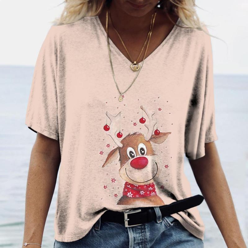 Plus Size 6XL Merry Christmas Women's Short sleeved V-neck T-shirt Christmas Tree Santa Claus Letter Print Simple Trendy Trend Women Clothing