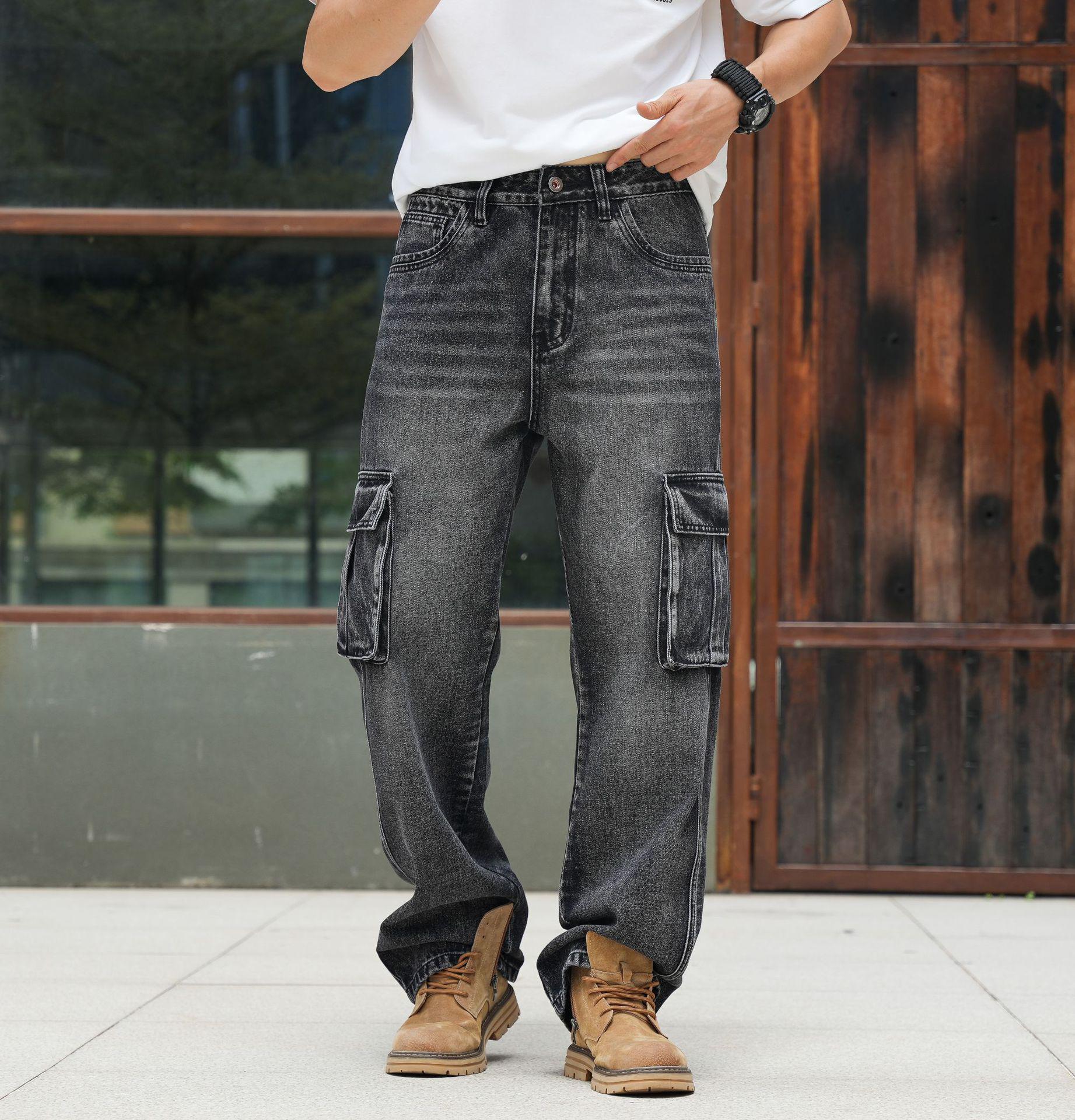 

European Plus Size Extra Long Heavyweight Men s Workwear Jeans with Multi-Pockets, Loose Straight Leg 30