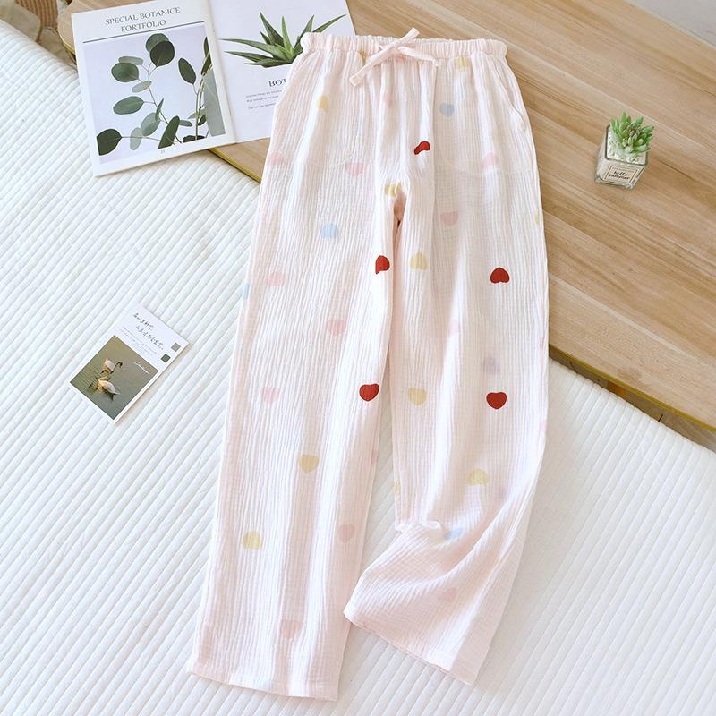 2026 New Spring/Summer Women's Sleeper Pants 100%Cotton Crepe Printed Love Floral Pants Thin Home Pants Bottoms Womens Sleepwear