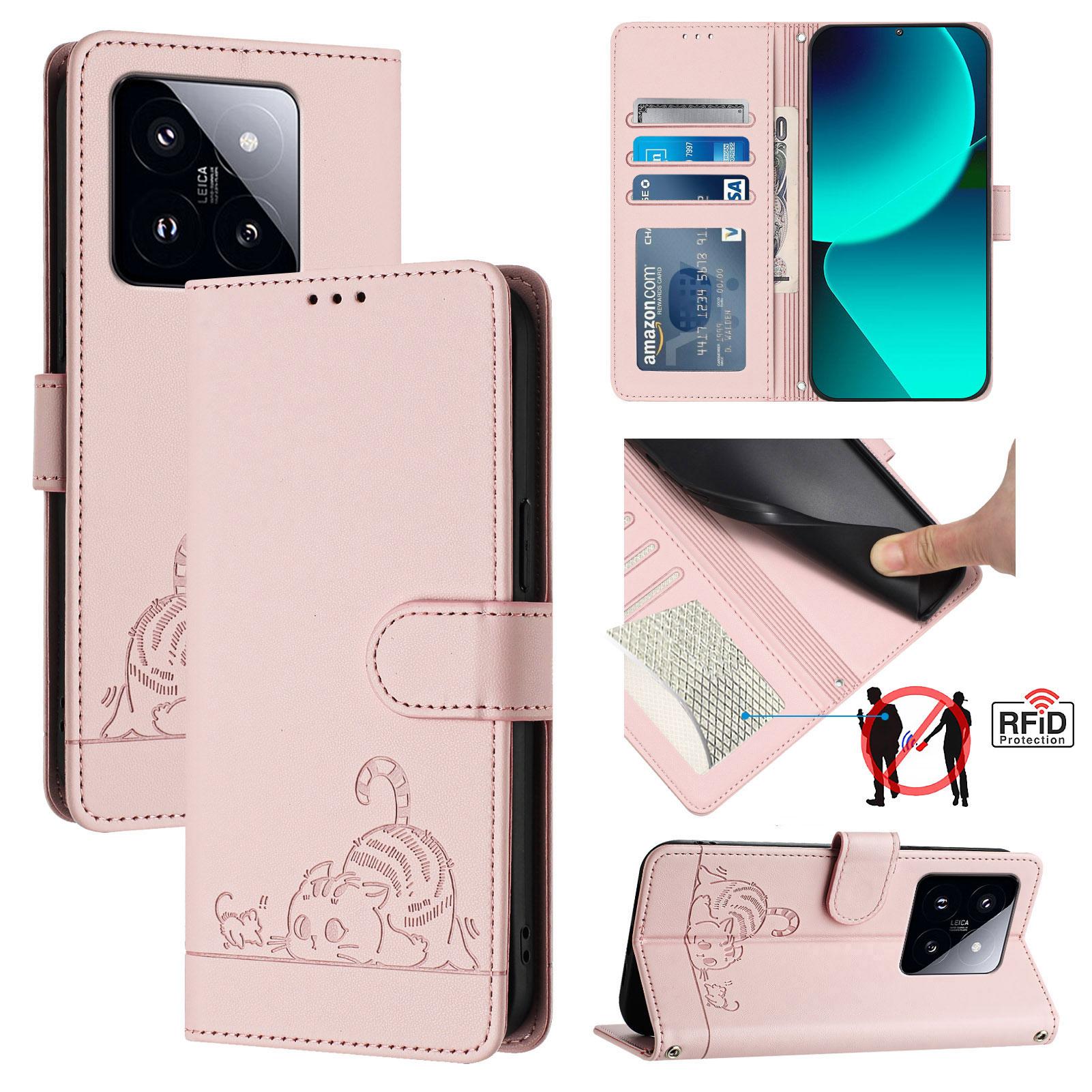

Чехол для Xiaomi 14 Pro со ремешком, блокировкой RFID, кожаным кошельком, чехол для телефона, узор Кошка и Мышь C