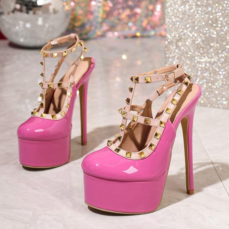 

Pesstwei Rose Red Rivet Decorative Buckle 16cm Pumps Woman Sandals Sexy Patent Peather Stiletto High Heels Wedding Banquet Shoes 35 розы красного