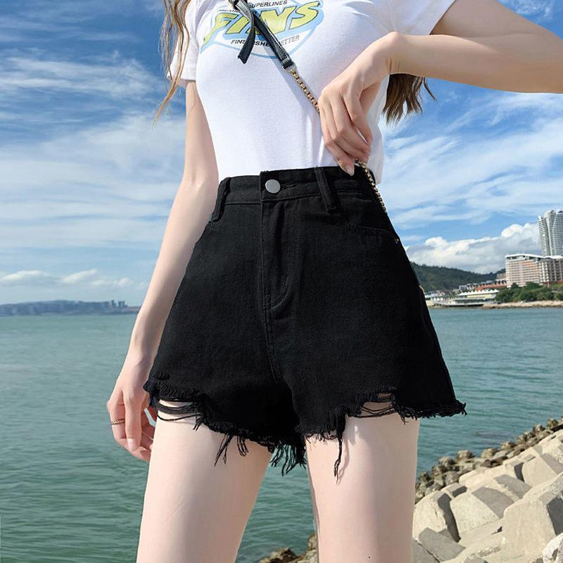 Women's Summer 2022 Ripped A-line Denim Shorts - Loose Fit, Raw Edge, Trendy Hot Girl Style