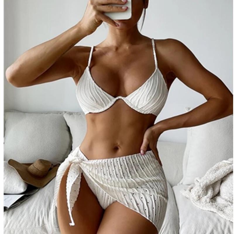 2026 European & American Stylish Three-Piece Solid Color Bikini Set Large белый