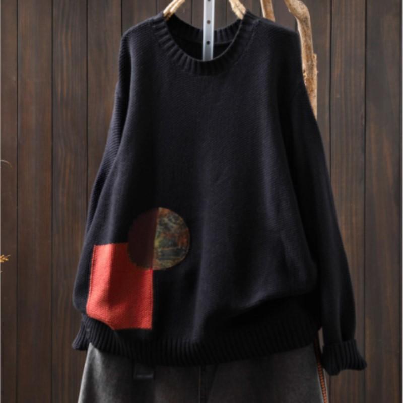 Johnature Dámské vintage patchworkové pulovry jednobarevné s kulatým výstřihem a dlouhým rukávem pletené oblečení podzimní svetry