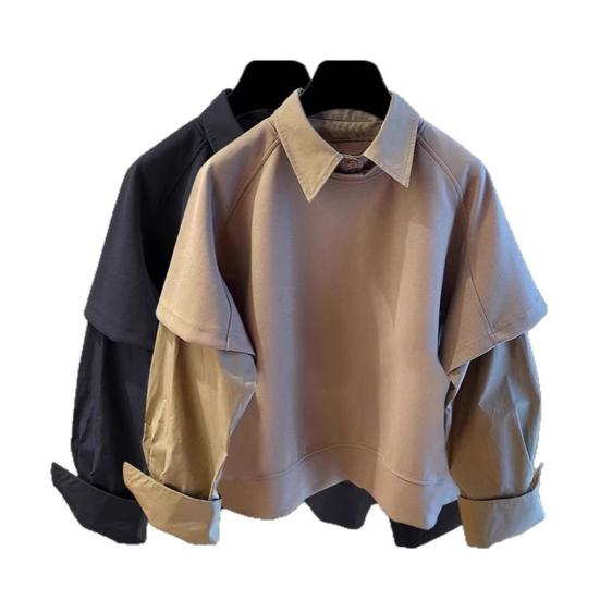 Men Shirt Lapel Long Sleeve Solid Color Splicing Fake Two-Piece Design Pullover Tops Loose Fit Casual Shirt Work Wear