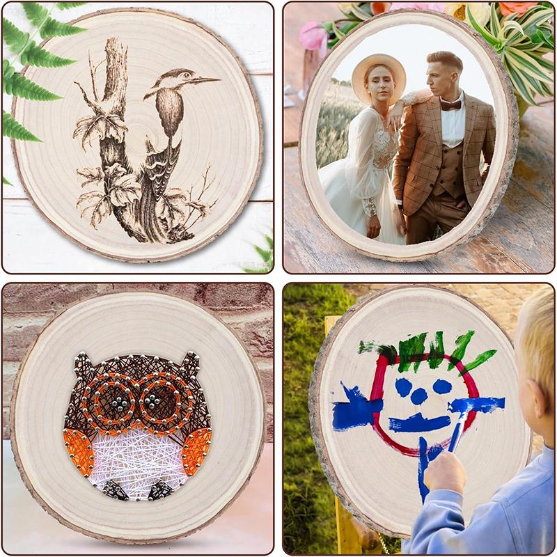 3-12cm Thick Natural Pine Round Unfinished Wood Slices Circles with Tree Bark Log Discs DIY Crafts Rustic Wedding Party Painting