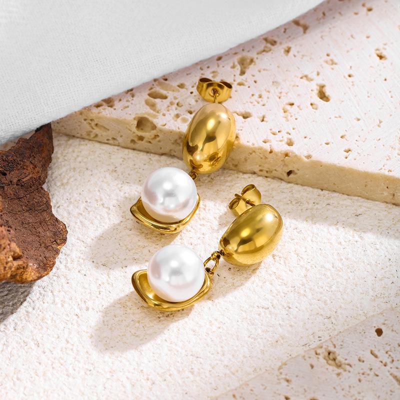 High-End Stainless Steel Oval Pearl Earrings - Light Luxury Titanium Design