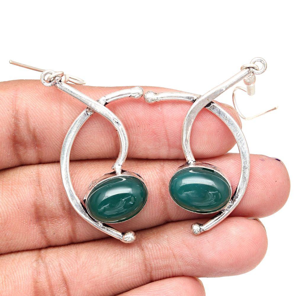 Green Onyx Gemstone Handmade Gift For Her Silver Jewelry Earrings 1.5''