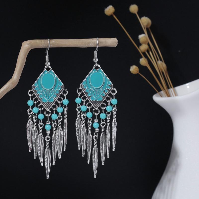 Rhombus colored beaded feather long fringed earrings, high-end retro contrasting color temperament earrings women