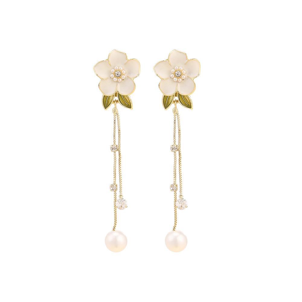 French High-End Camellia Fringed Stud Earrings Long High-End Flower Earrings Women'S Light Luxury Niche Earrings