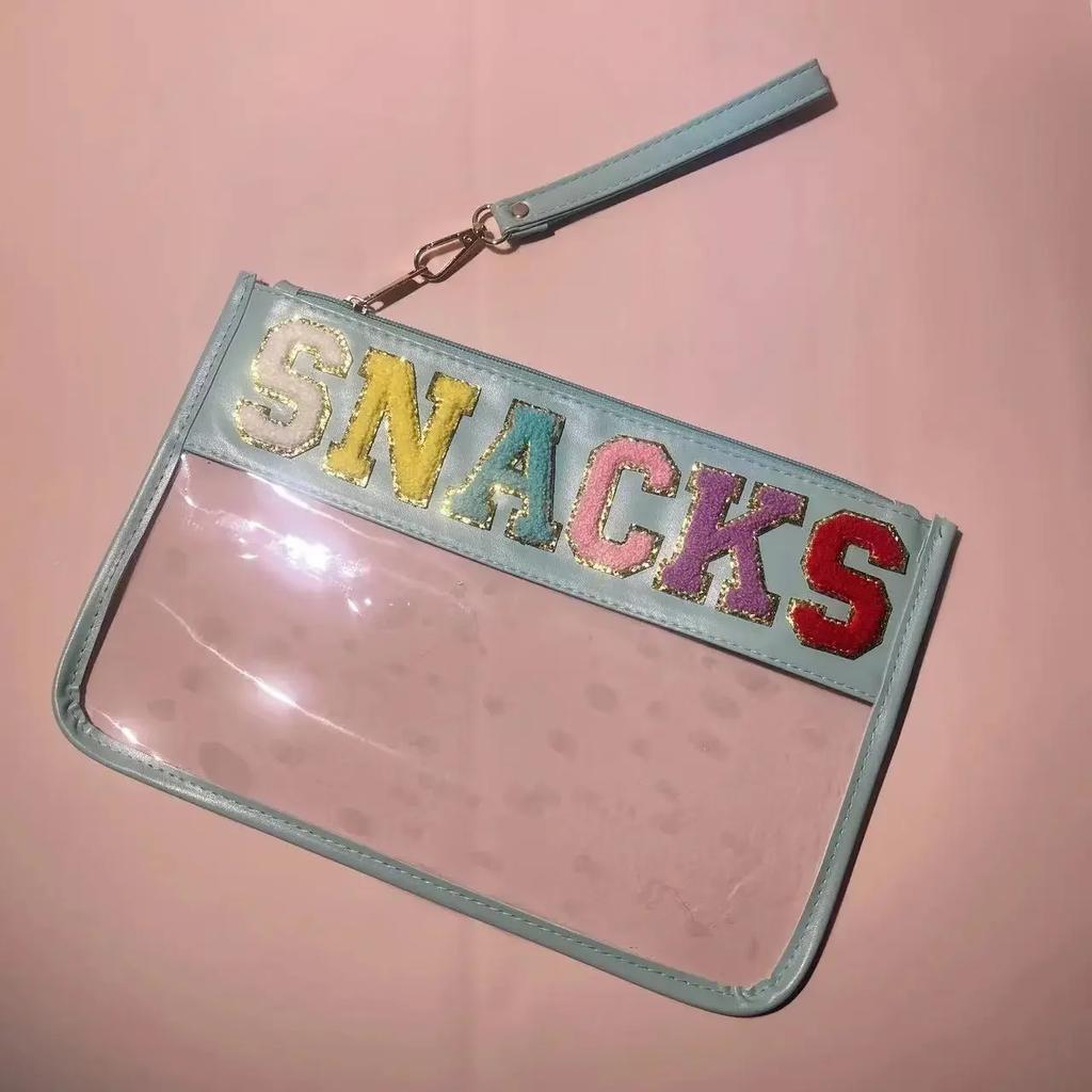 PVC Clear Letter Wash Cosmetic Bag Travel Snack Bag Clear Letter Embroidered Bag for Travel Beach Portable Toilet Storage